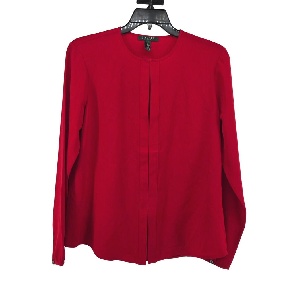 Lauren Ralph Lauren Red Long Sleeve Keyhole Pleated Blouse Top Womens Large
